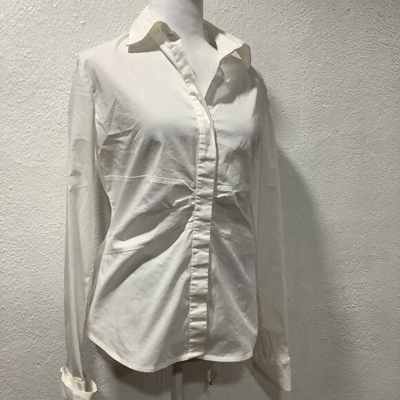 Banana‎ Republic Y2K Women's Babydoll Blouse Sz M White Stretch Collared Preppy - Picture 2 of 13